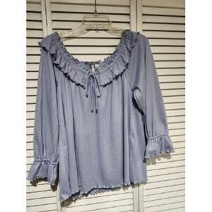 Cato Women's Blue Striped Off Shoulder Ruffle Long Sleeve Top Size L